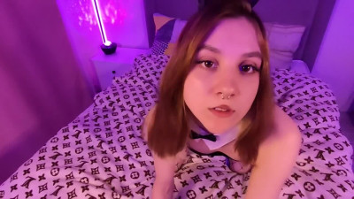 Neon Room Tease: Brunette Bunny Girl's Foot Job and Blowjob