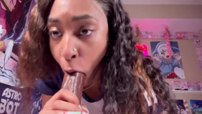 Hot ebony girl plays with her dildo and rides it moaning in pleasure