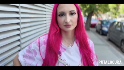 Pink-haired slut with big tits lets fat dude fuck a body to die for