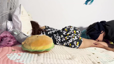 My hot stepsister jumps in my bed and pulls my cock out and start riding it