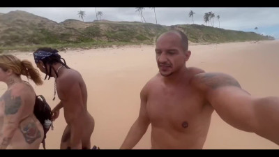 Nude beach orgy with a hot Latina babes and her tattooed chubby Blonde bestie