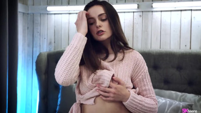 Charming brunette teases and lands restless cock into her trimmed pussy