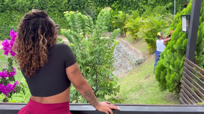 Sexy ebony milf and her bbc boyfirend have a sensual outdoor sex near a swimming pool