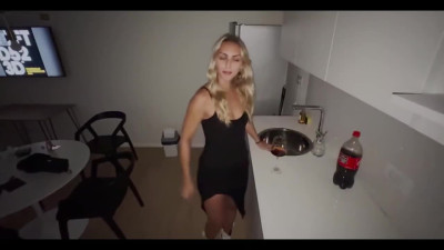 Stepsister asks for a creampie in a dimly-lit, spacious room