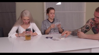 Hot skinny Blonde sucks my dick under a table while I play cards with my gf
