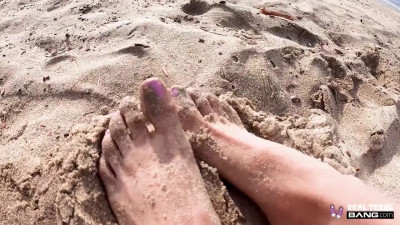 Skinny and lustful bitch teases her bf at the beach and she has her muff fucked really well in the room