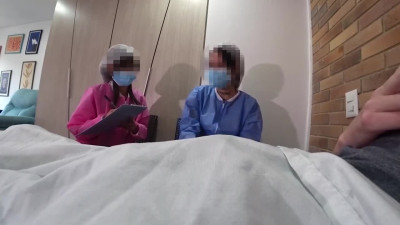 2 Hot Sexy Bubble-assed Nurses Check The Patient's Dick With Their Hands, Mouths & Pussies