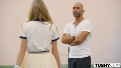 Petite girl with nice tits gets anally pounded with her tennis instructor's thick cock