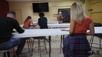 Hot blonde girl seduces me in the middle of the lesson and asks me for a quick sneaky sex