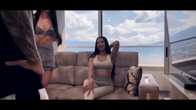 Threesome fuck with hot fit brunettes on a balcony
